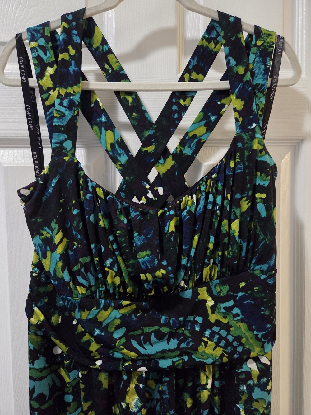 Bisou Bisou Black Maxi Dress with Teal & Lime Abstract Print and Crisscross Back